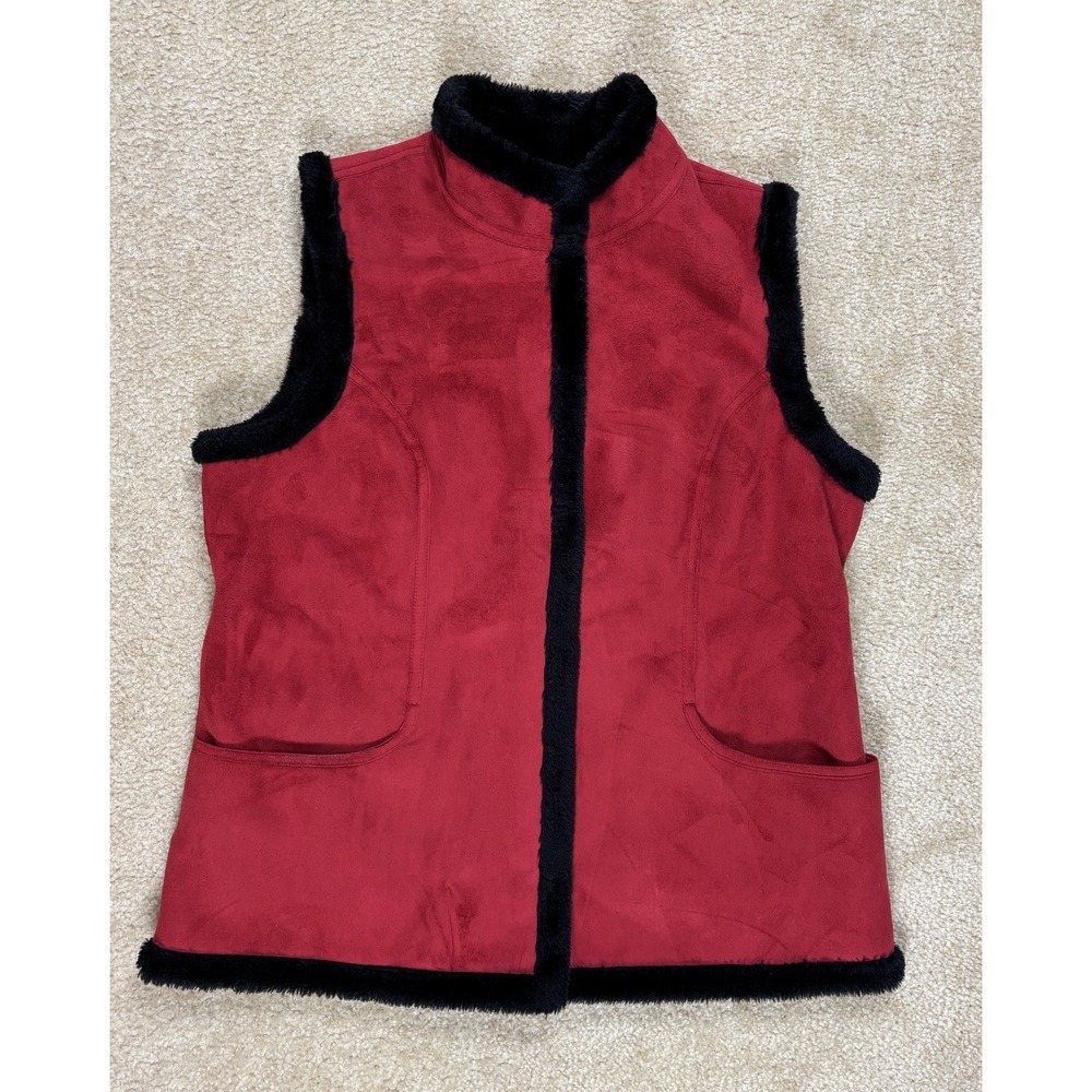 D&Co Women Red Faux Suede Vest Faux Fur Trim Snap Front Large